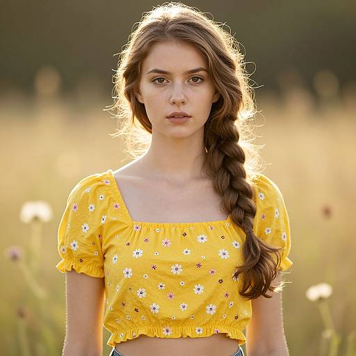 Young Woman in Yellow Floral Crop Top with Braid in Sunlit Field