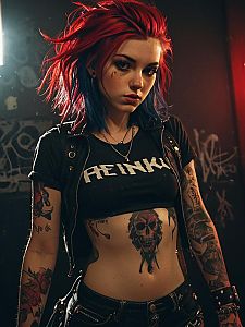 Edgy Punk Rock Woman with Red and Blue Hair and Tattoos in Urban Setting