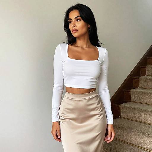 Stylish Woman in White Crop Top and Beige Satin Skirt Posing Indoors