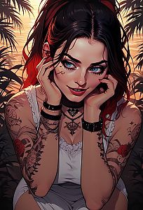 Young Woman with Blue Eyes and Tattoos at Sunset