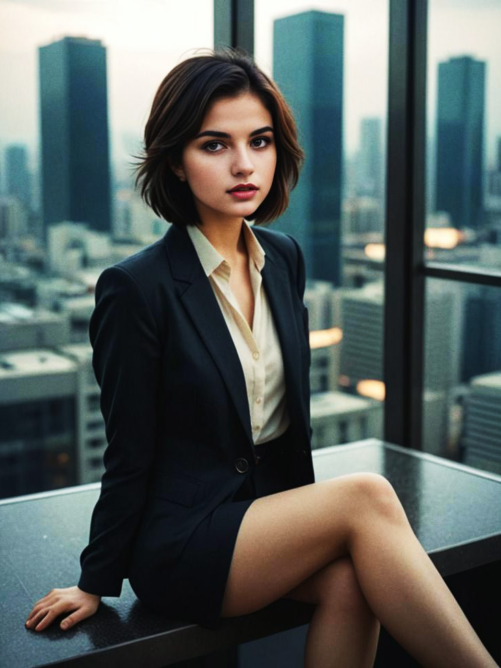 Confident Woman in Business Suit in High-Rise Office