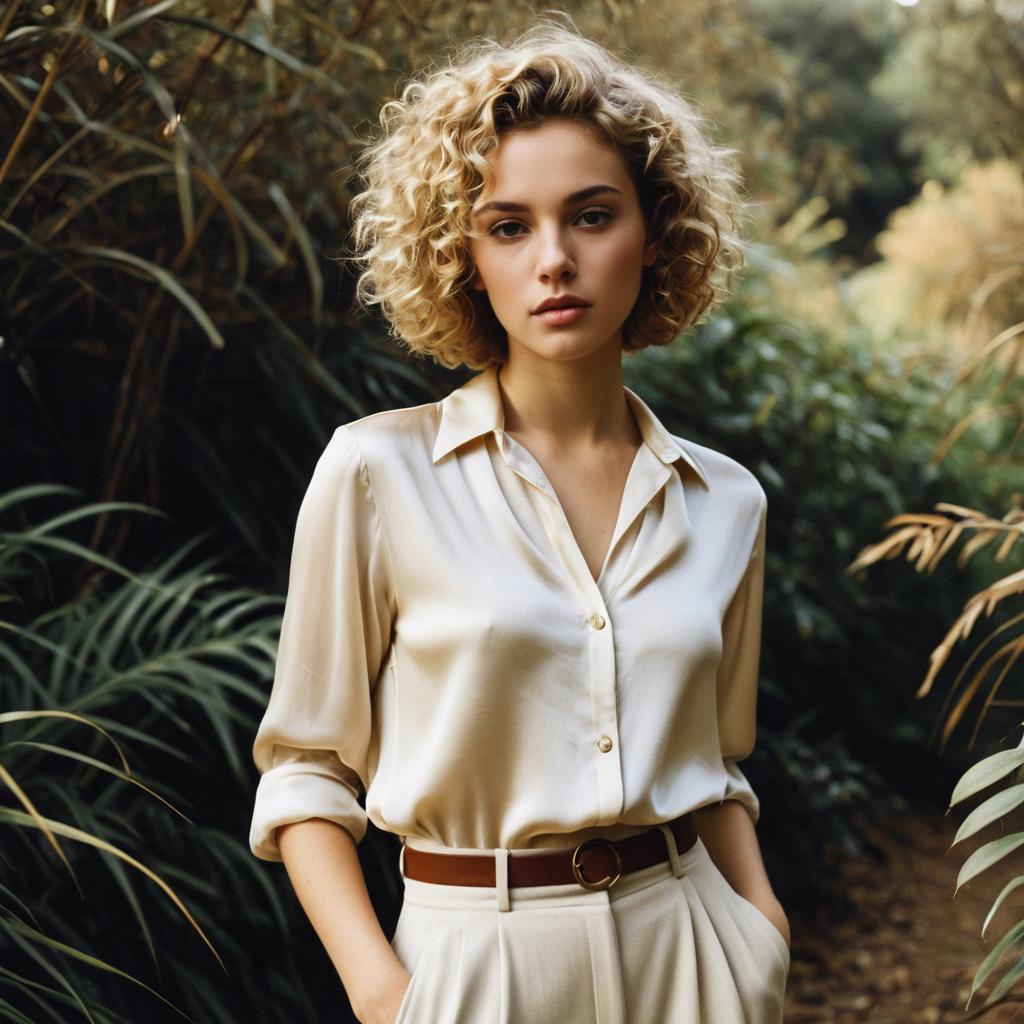 Elegant Blonde Woman in Cream Outfit Posing Outdoors with Greenery