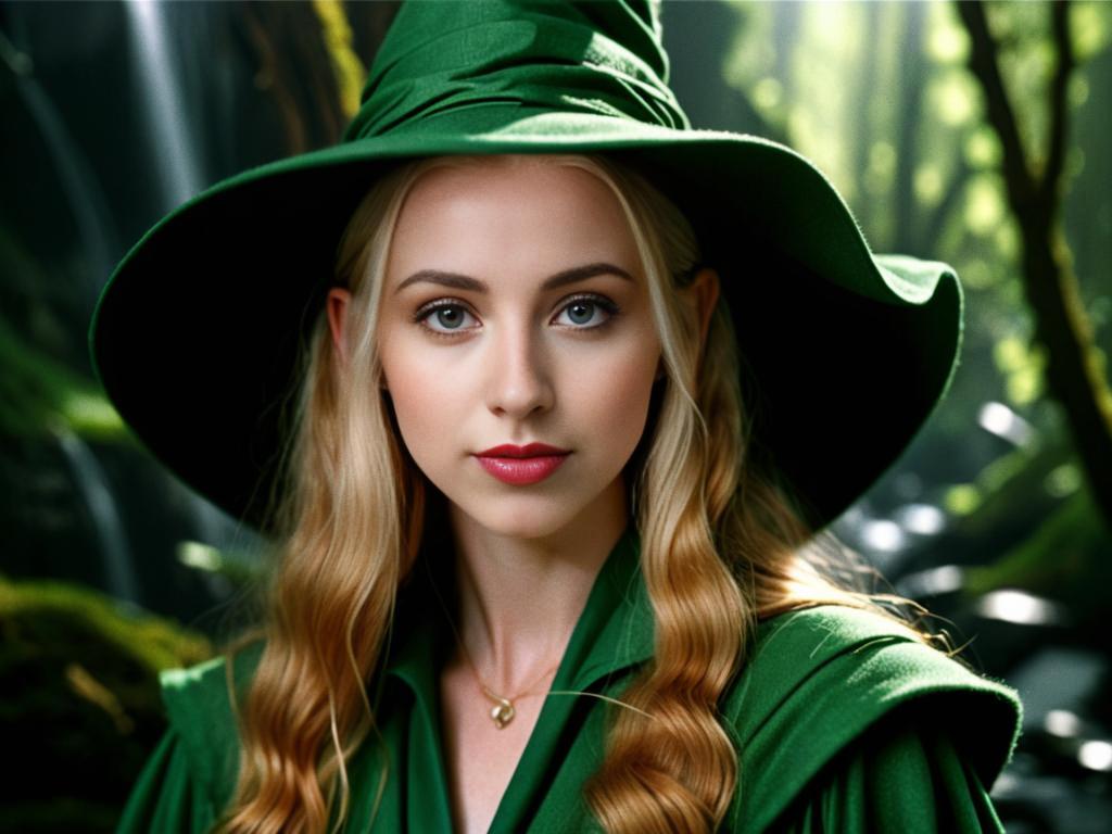 Young Woman in Green Witch Hat in Forest