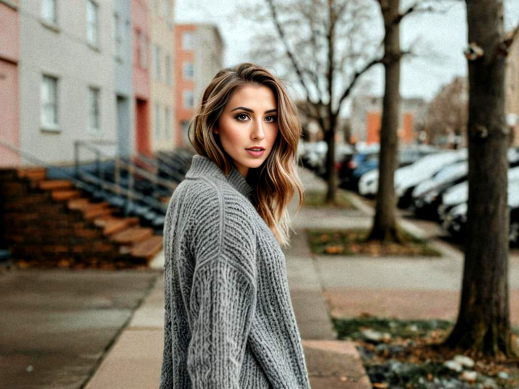 Stylish Woman in Cozy Grey Sweater on City Street