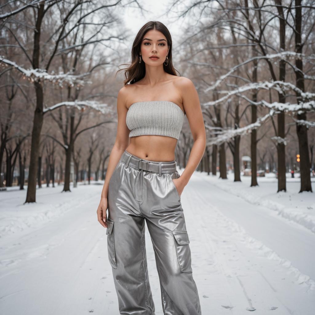 Fashionable Woman in Metallic Silver Pants and Tube Top in Snowy Park