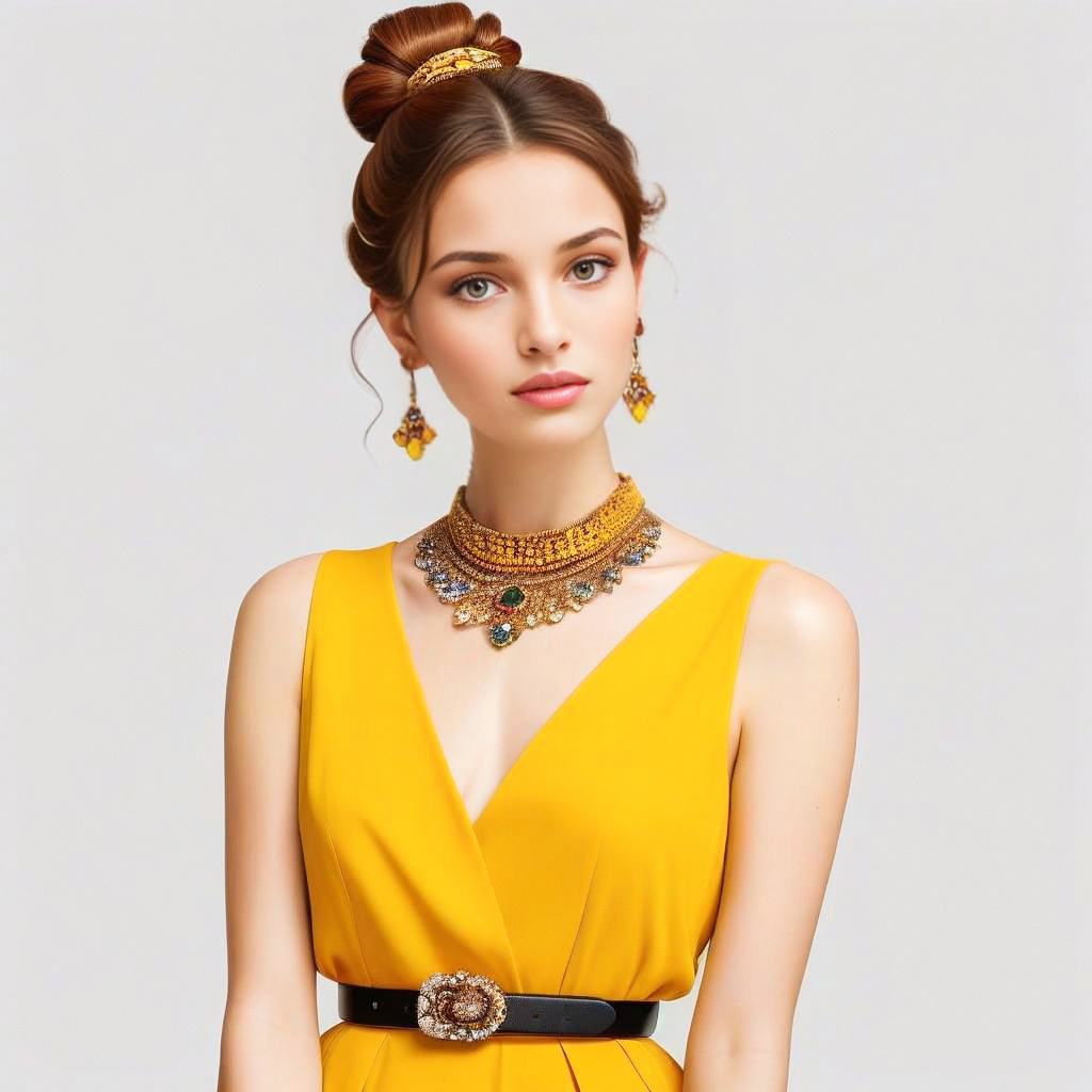 Young Woman in Yellow Dress with Gold Jewelry Young Woman in Yellow Dress with Gold Jewelry