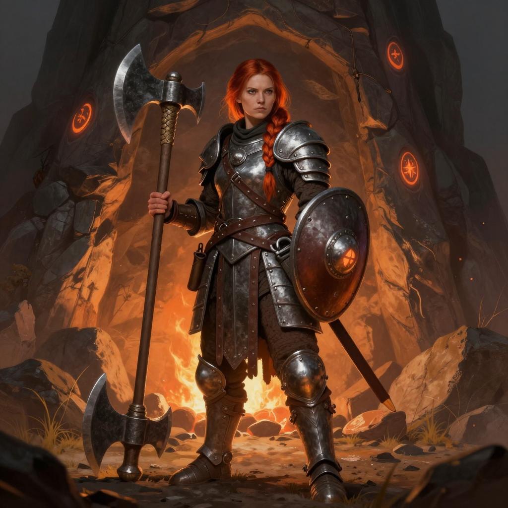 Red-Haired Woman Warrior in Medieval Armor with Battle Axe and Shield