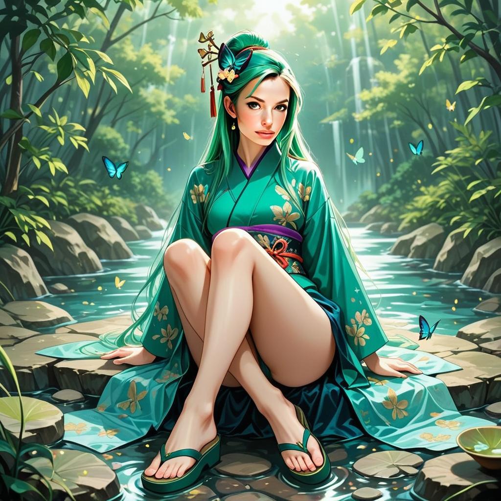 Young Woman in Teal Kimono by Serene River