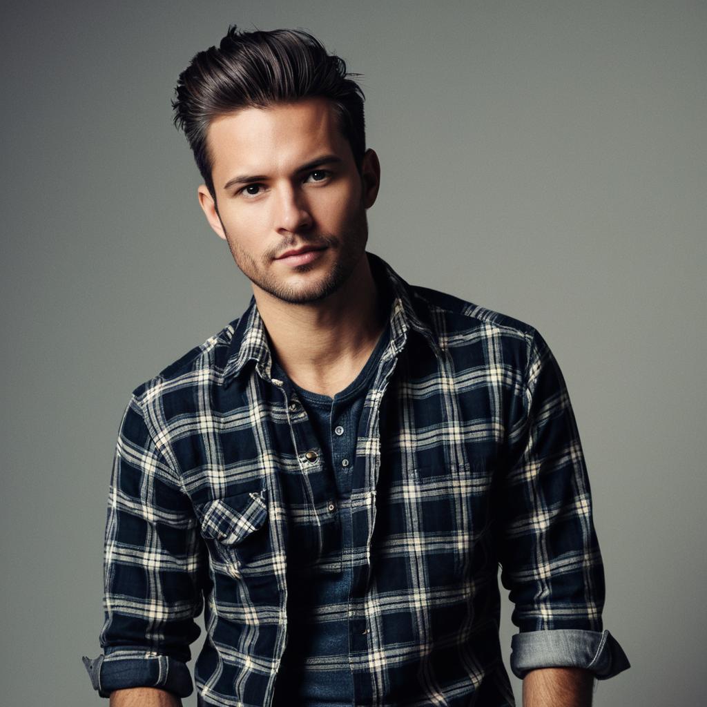 Young man in plaid shirt against gray background