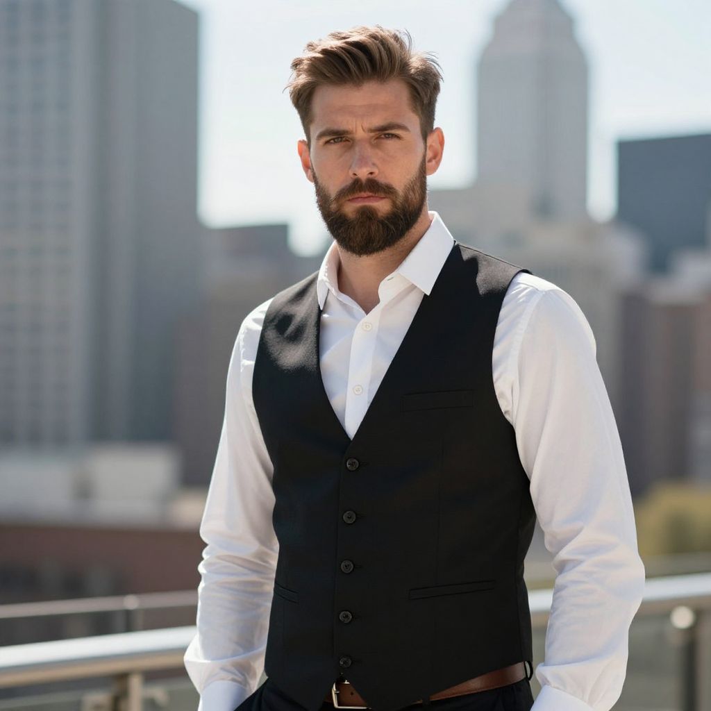 Confident Man in Black Waistcoat and White Shirt Outdoors Urban Background