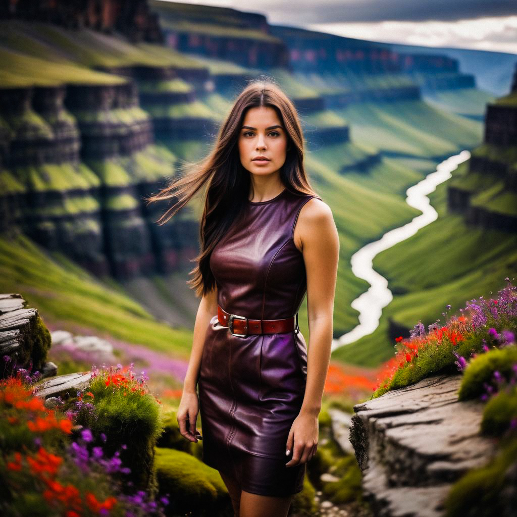 Woman in Burgundy Dress Among Wildflowers and Canyon