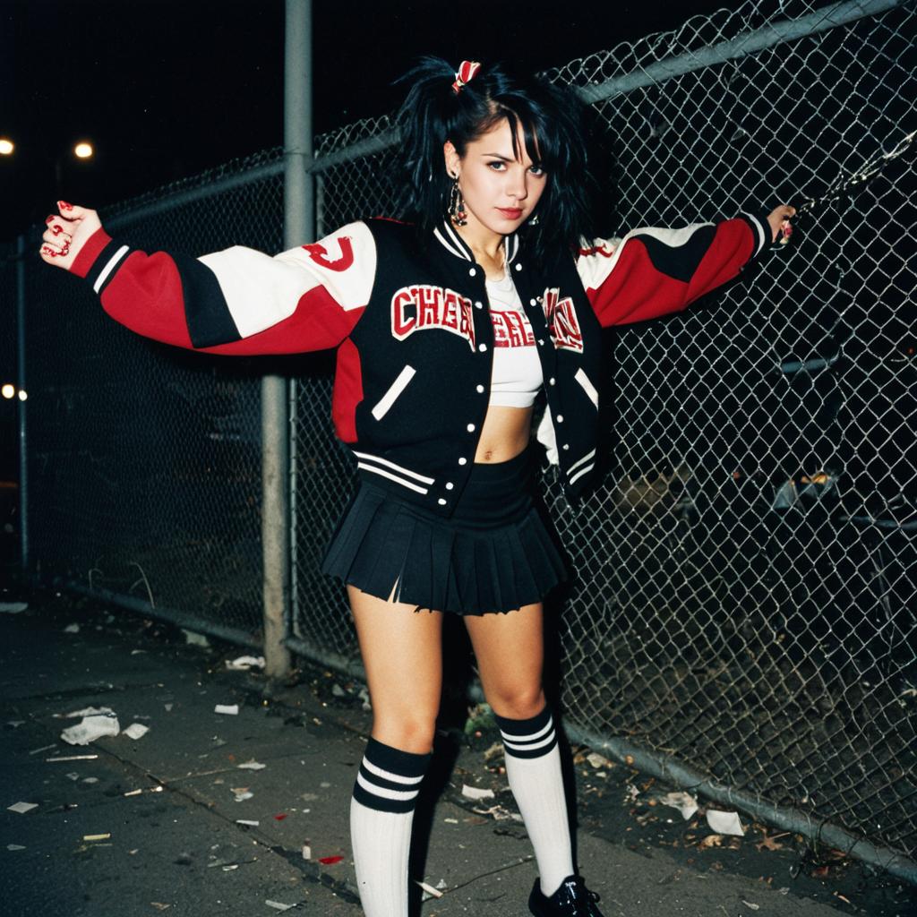 Cheerleader Style Woman in Varsity Jacket and Pleated Skirt at Night