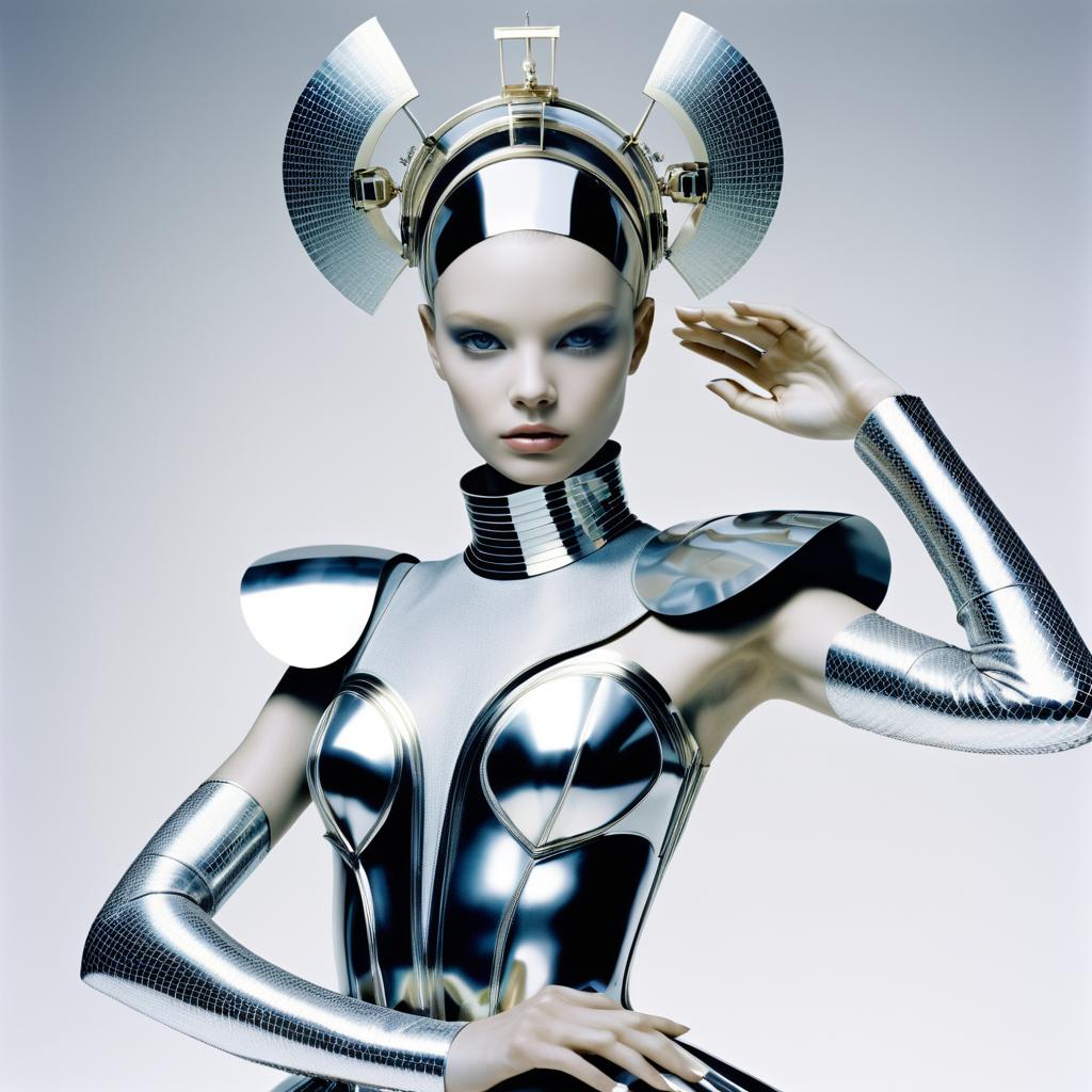 Futuristic Woman in Metallic Avant-Garde Outfit