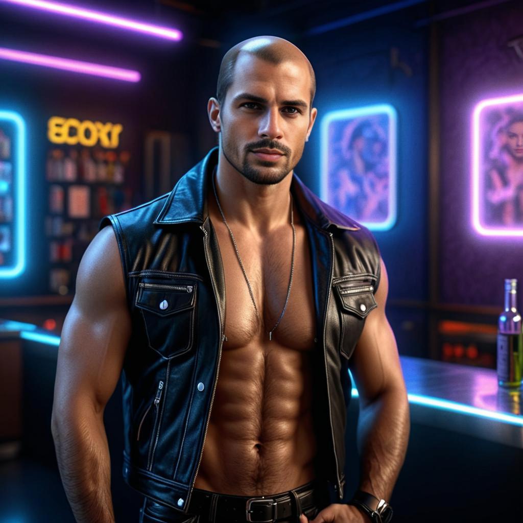 Muscular Man in Leather Vest with Neon Lights