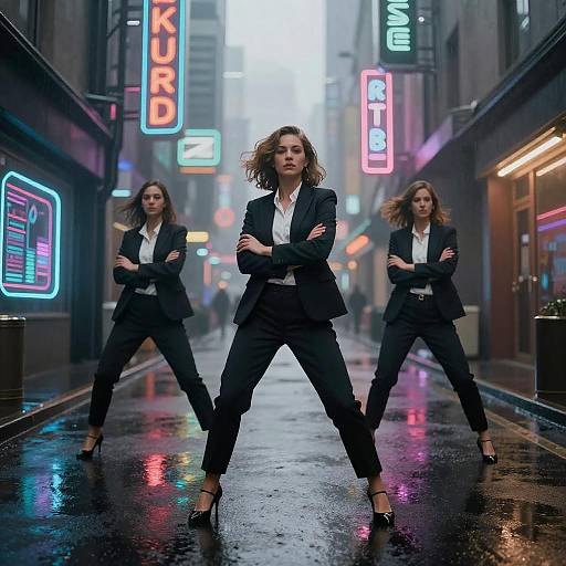 Confident Women in Black Suits Standing in Neon-Lit Cyberpunk Alley