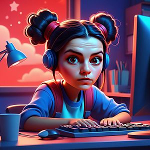 Focused Young Woman with Headphones in Cozy Room