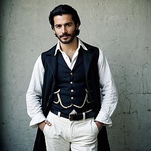 Man in Traditional French Costume with Black Waistcoat and White Shirt