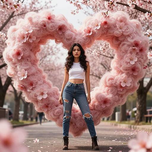 Young Woman Posing by Pink Heart-Shaped Cherry Blossom Installation