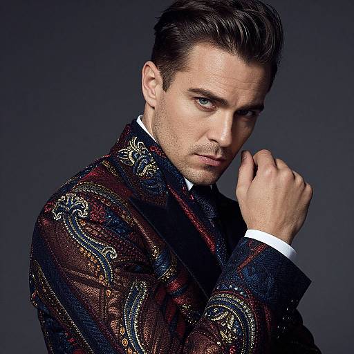 Man in Intricately Patterned Paisley Jacket with Intense Expression
