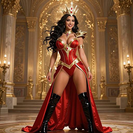 Fantasy Queen in Red and Gold Warrior Costume in Lavish Palace