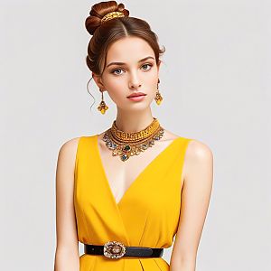 Young Woman in Yellow Dress with Gold Jewelry