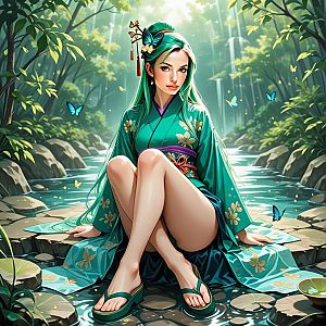 Young Woman in Teal Kimono by Serene River