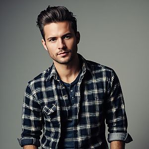 Young man in plaid shirt against gray background