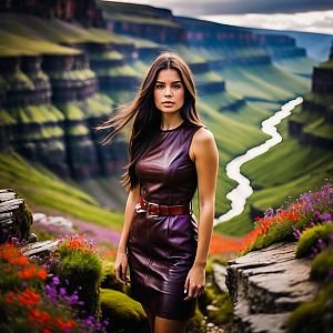 Woman in Burgundy Dress Among Wildflowers and Canyon