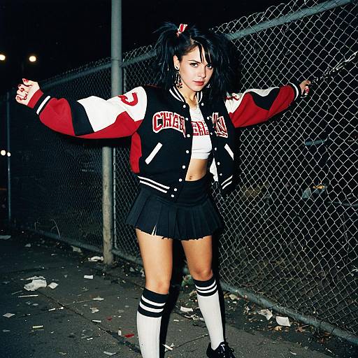 Cheerleader Style Woman in Varsity Jacket and Pleated Skirt at Night