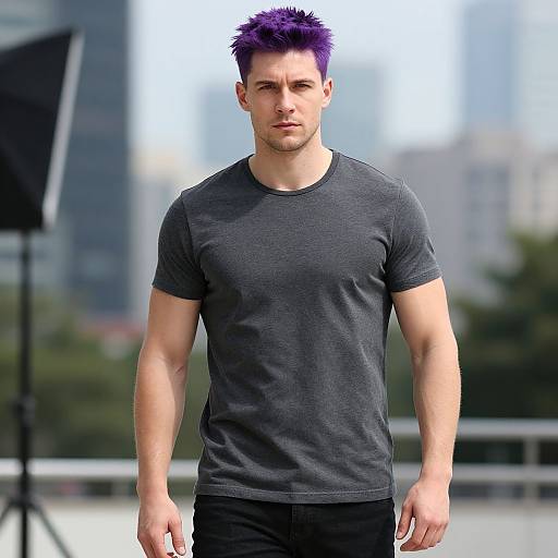Confident Man with Purple Hair in Charcoal Gray T-Shirt Outdoors