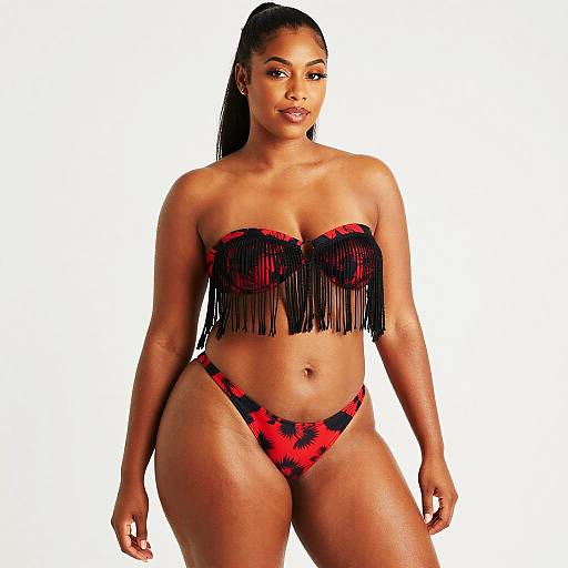 Woman Modeling Red and Black Floral Bikini with Fringe Top