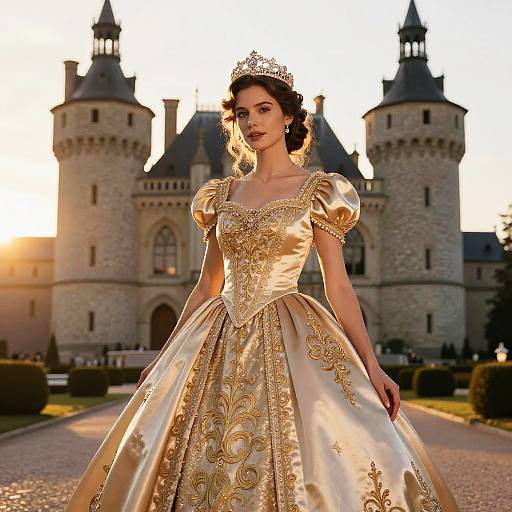 Elegant Woman in Golden Renaissance-Style Gown with Tiara at Castle