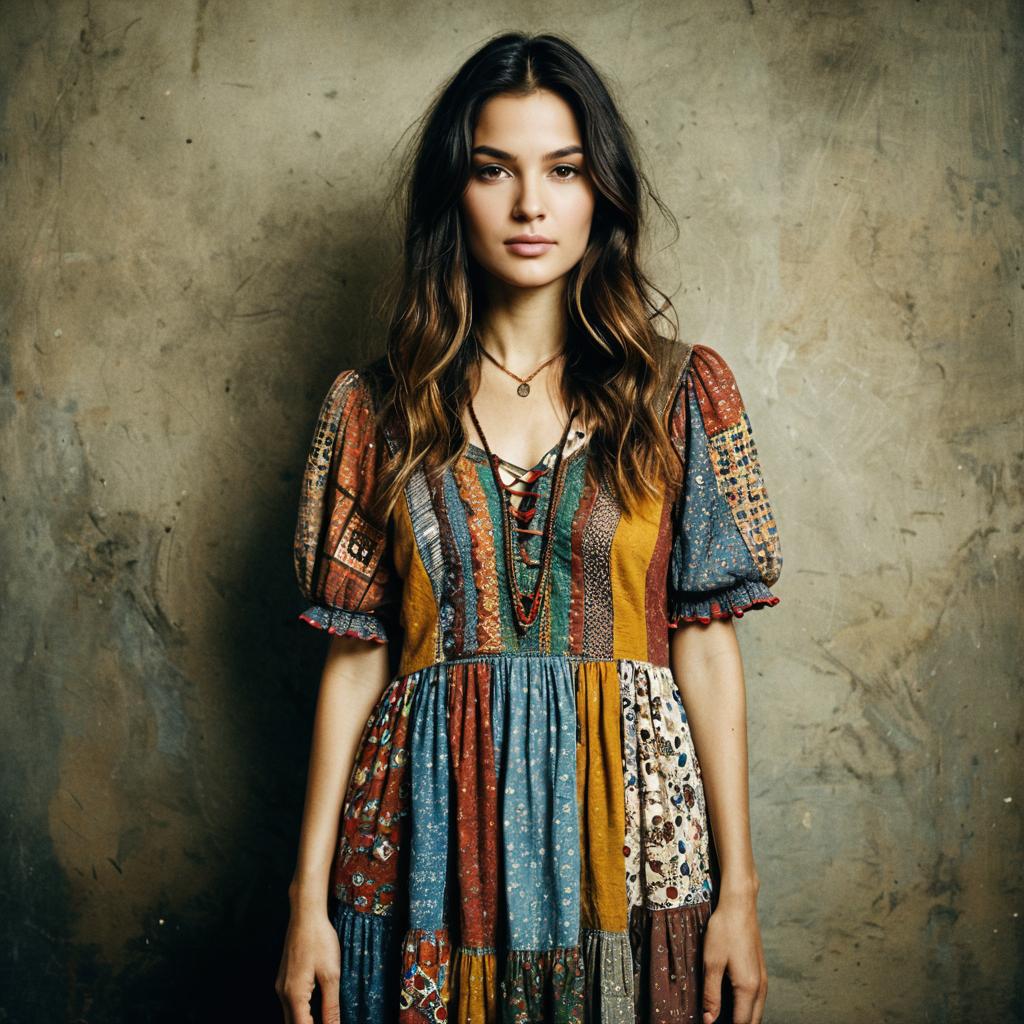 Bohemian Young Woman in Patchwork Dress Standing by Rustic Wall