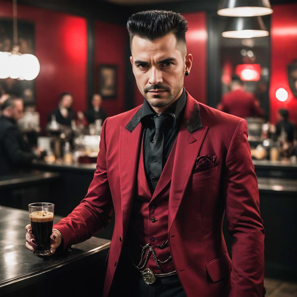 Confident Man in Red Suit at Elegant Bar