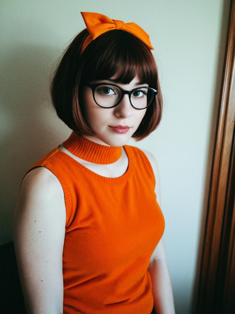 Woman in Velma Halloween Costume with Orange Top and Glasses