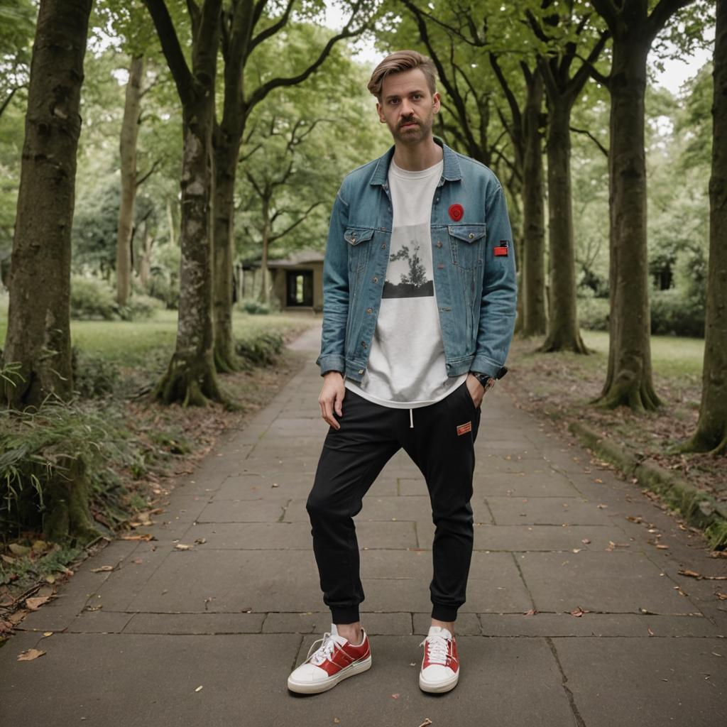 Man in Denim Jacket on Park Pathway