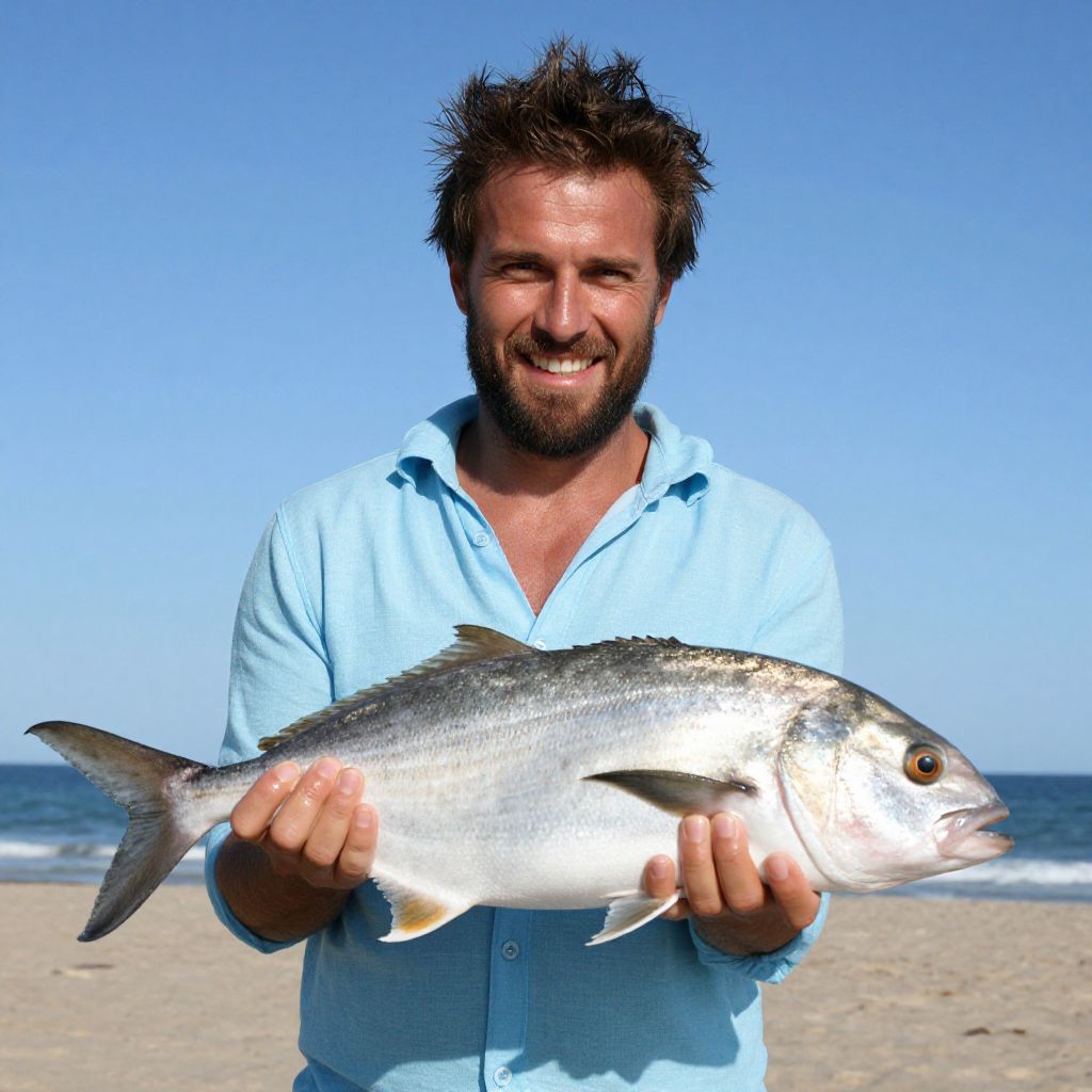 Smiling Man Holding Large Fish at the Beach