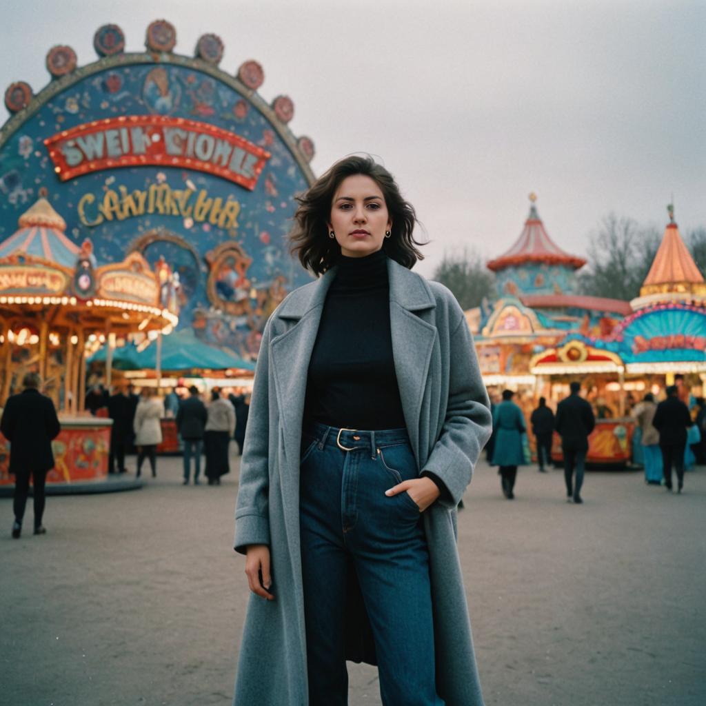 Stylish Woman in Front of Vibrant Carousel