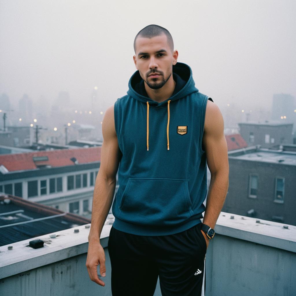 Young Man in Sleeveless Hoodie on Urban Rooftop with Foggy Cityscape