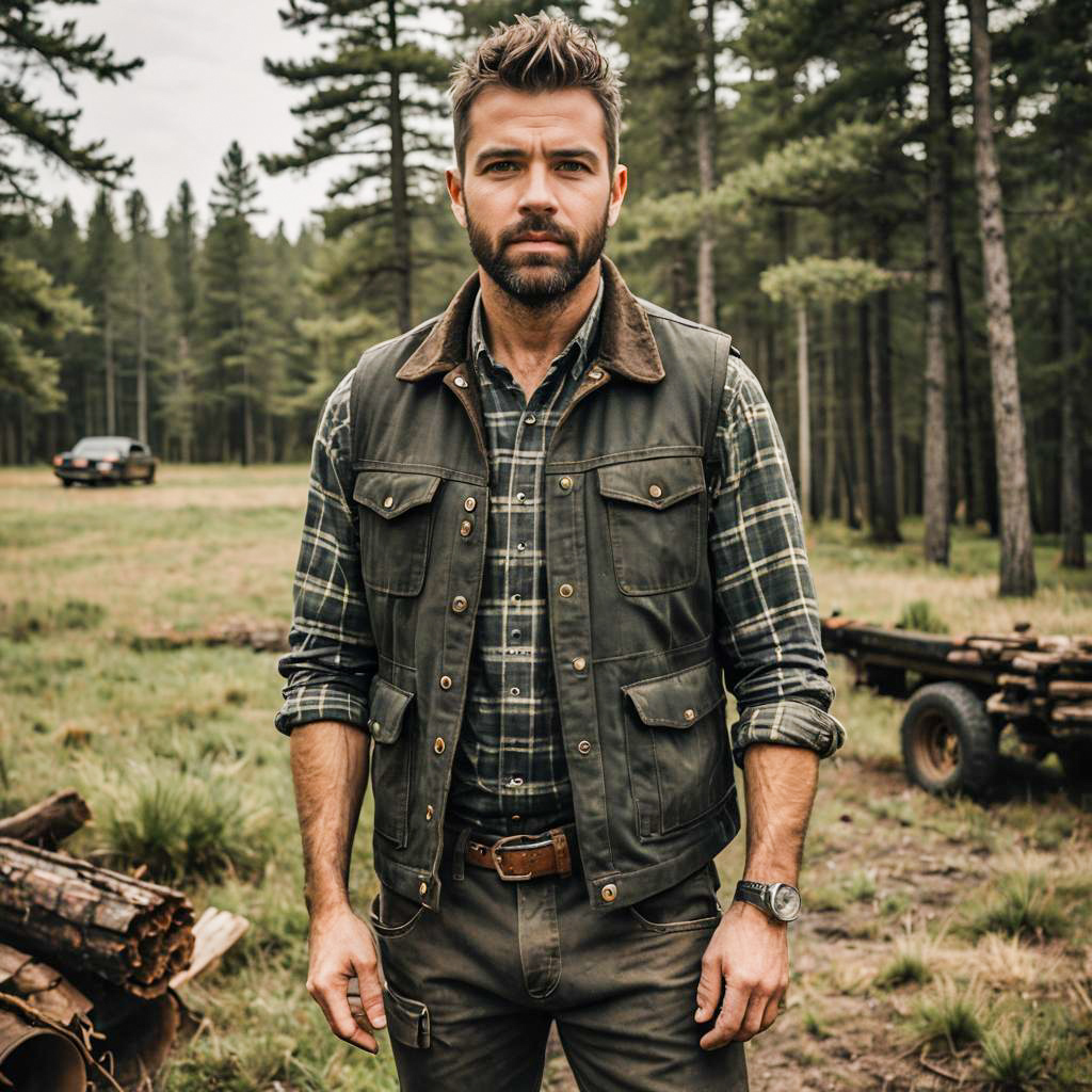 Rugged Man in Outdoor Vest and Flannel Shirt in Forest Setting