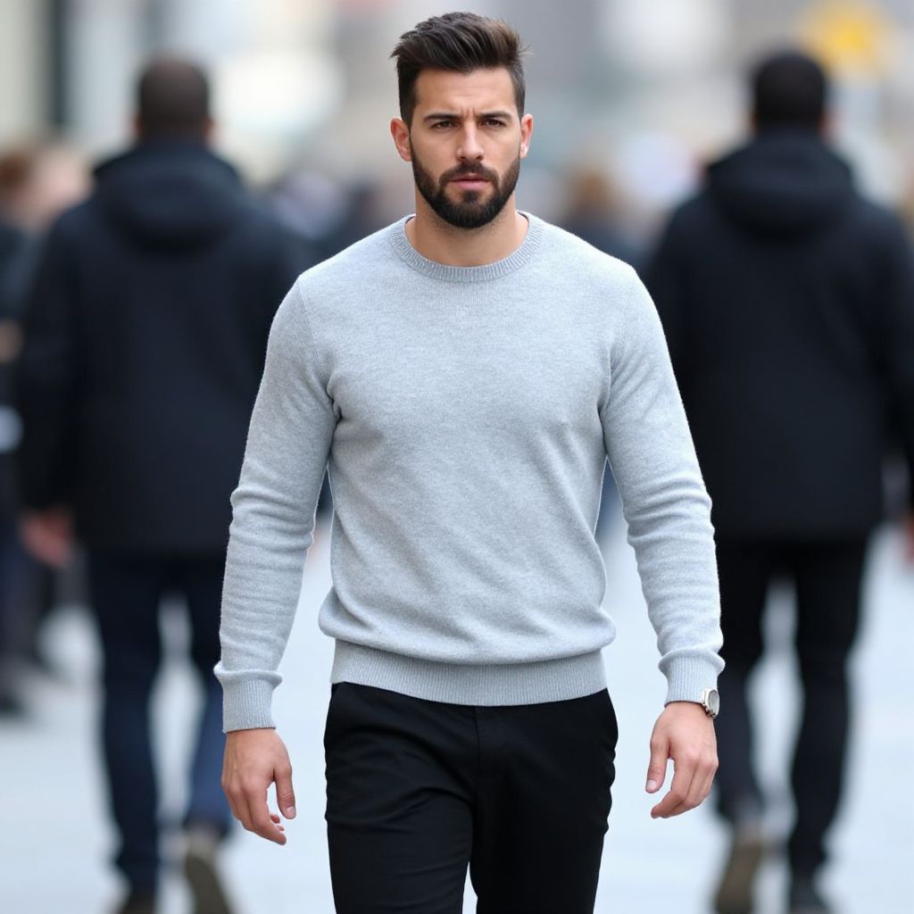 Confident Young Man in Grey Sweater Walking on Urban Street