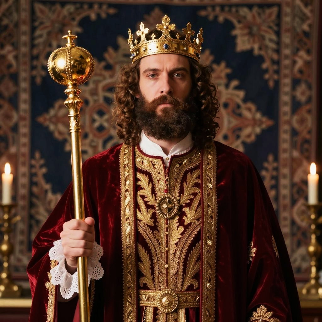 Regal King Wearing Ornate Crown and Embroidered Velvet Robe Holding Scepter