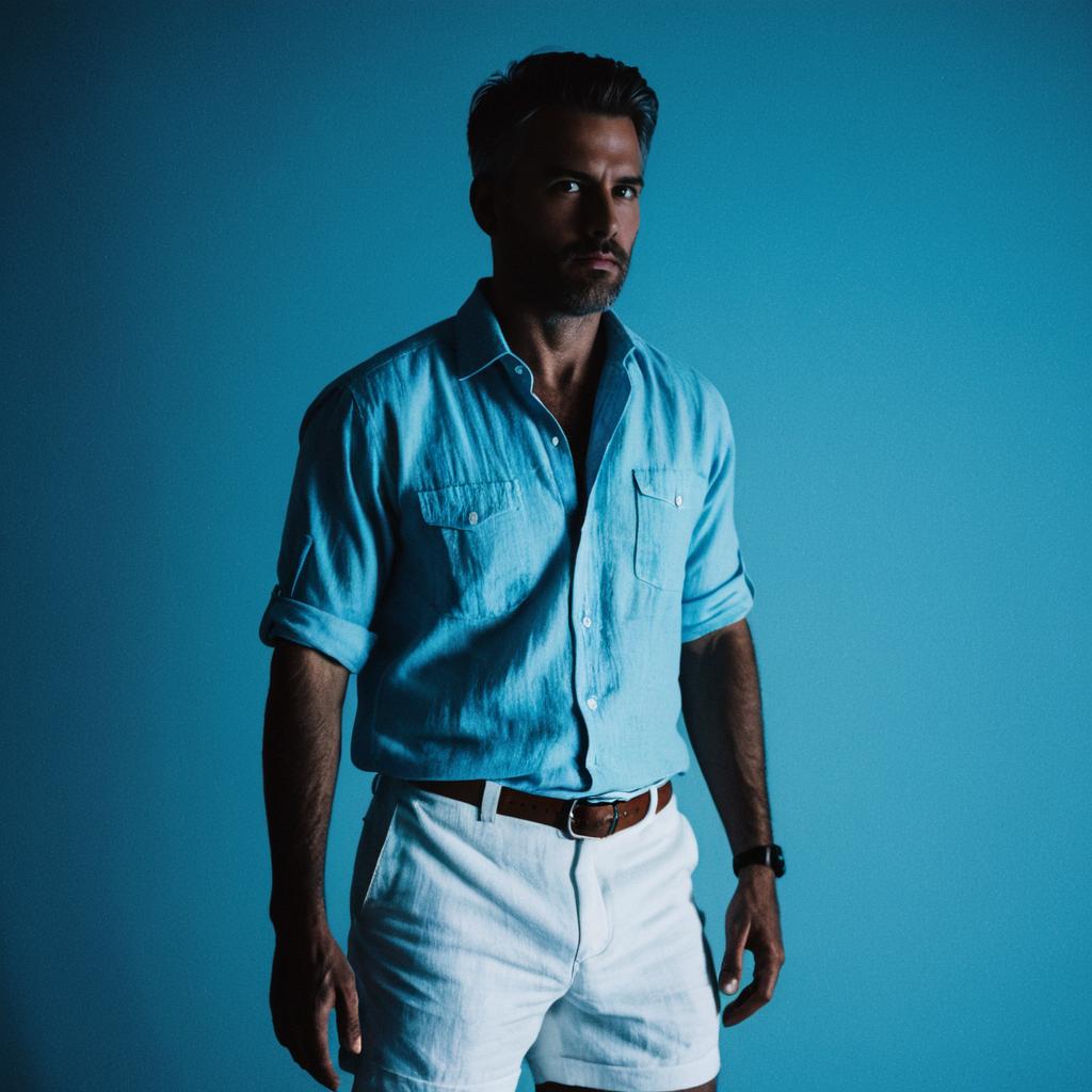 Confident Man in Casual Summer Outfit Against Blue Background