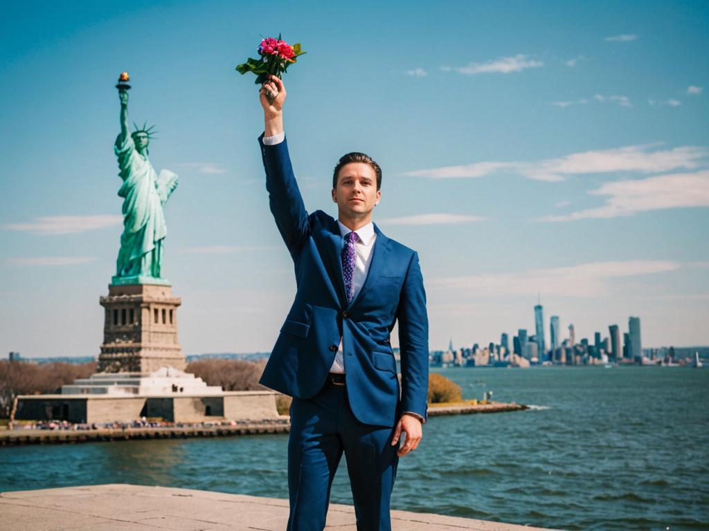 Man in Formal Attire with Flowers at Statue of Liberty