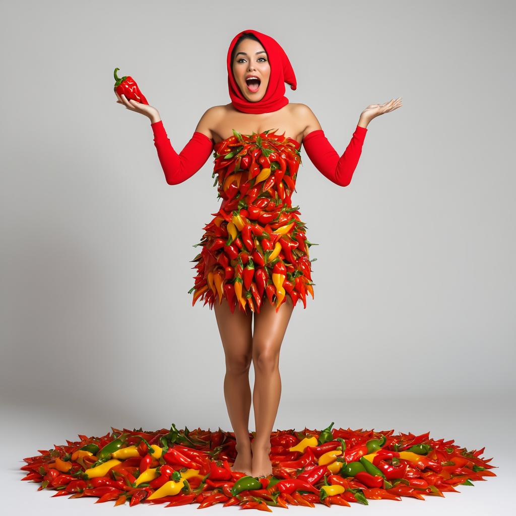 Woman in Colorful Chili Pepper Dress