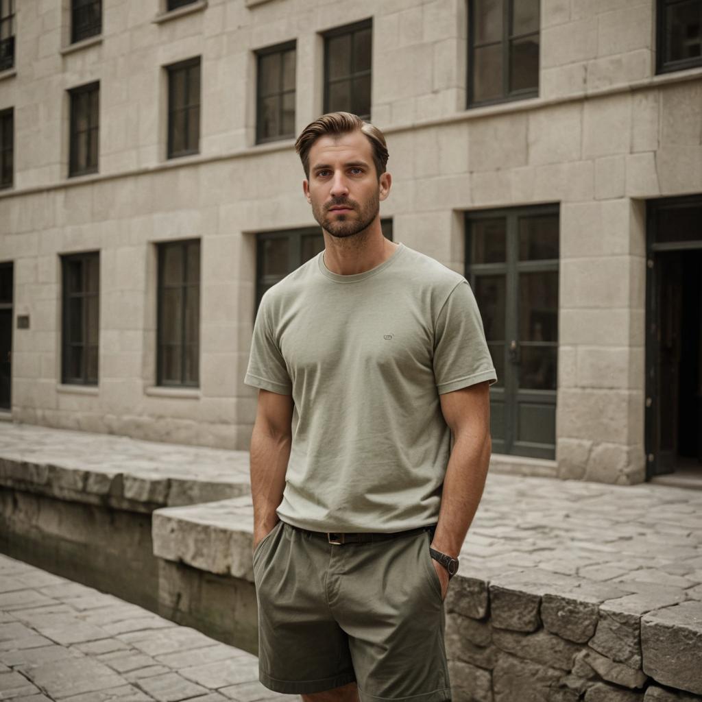 Confident Man in Casual Green Outfit in Urban Setting