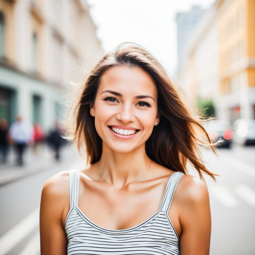 Cheerful Woman Smiling in City Street