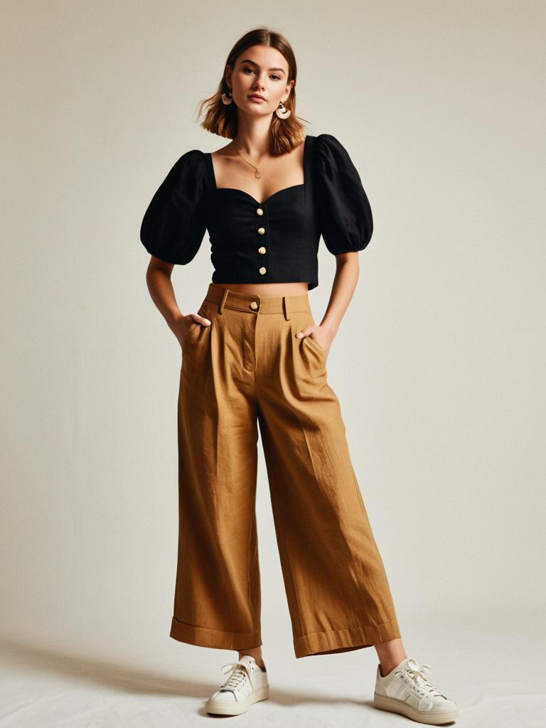 Woman in Casual Chic Cropped Black Puff Sleeve Top with Deep Sweetheart Neckline and Camel Wide-Leg Trousers