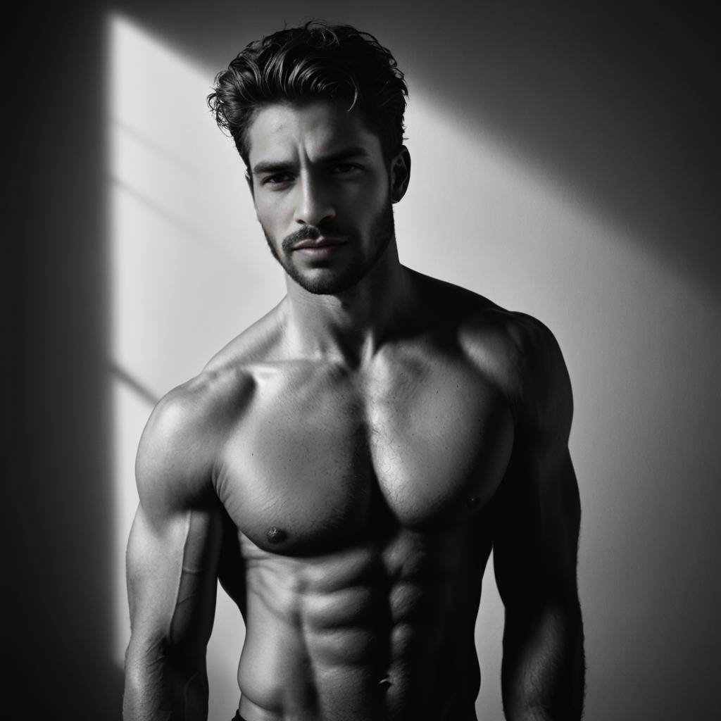 Muscular Man in Dramatic Black and White Portrait