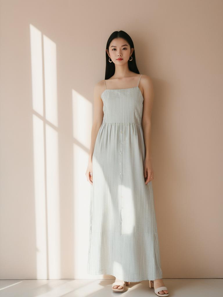 Woman Wearing Minimalist Sleeveless Midi Dress in Pale Pink with White Vertical Stripes